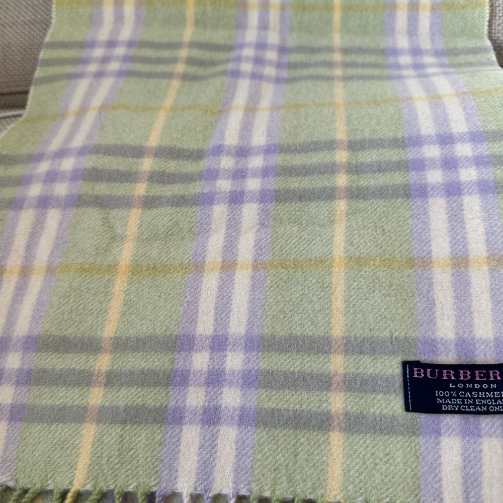 burberry cashmere scarf. lime with lavender plaid